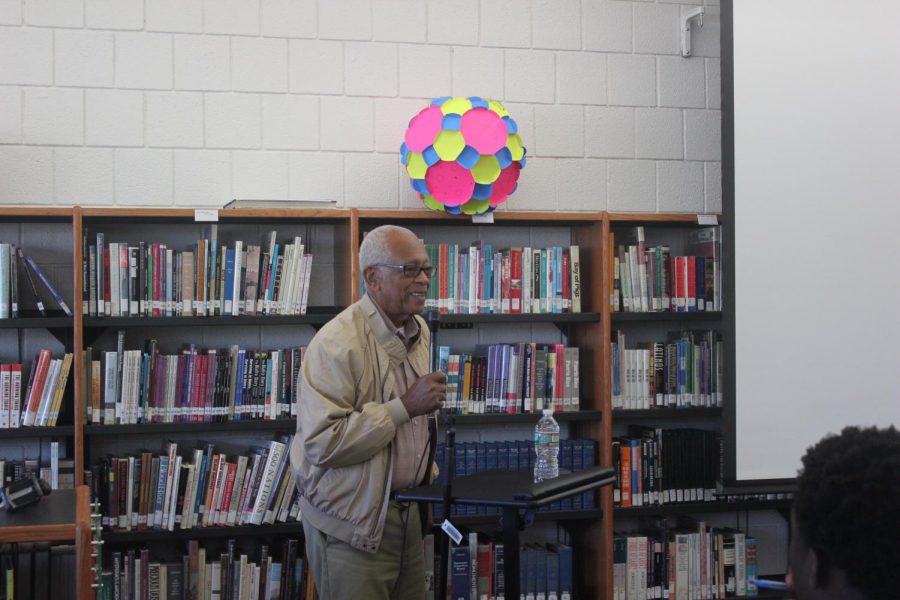 Pictured: Hollis Watkins speaking in the CRLS library.
