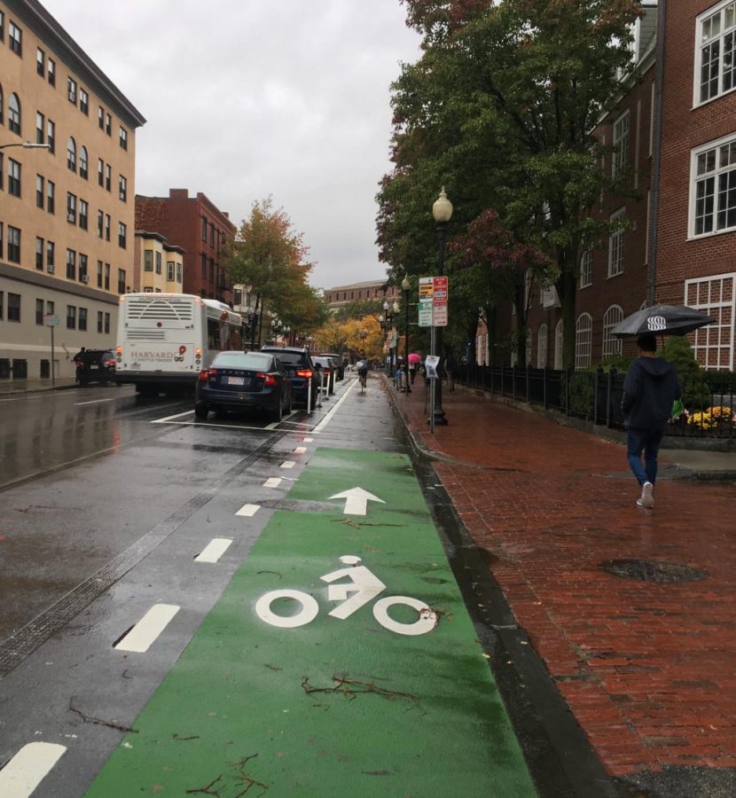 A bike lane outside of Harvard Square allows bicycles to have a separate place to ride
￼but takes away from space on the street for cars.