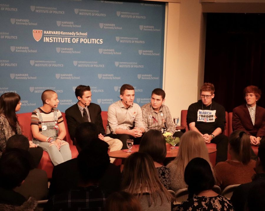 Pictured (left to right): Moderator Meighan Stone, Emma Gonzalez (MSD 18), David Hogg (MSD ’18), Cameron Kasky (MSD ’19), Alex Wind (MSD ’19), Matt Deitsch (MSD ’16), and Ryan Deitsch (MSD ’18)