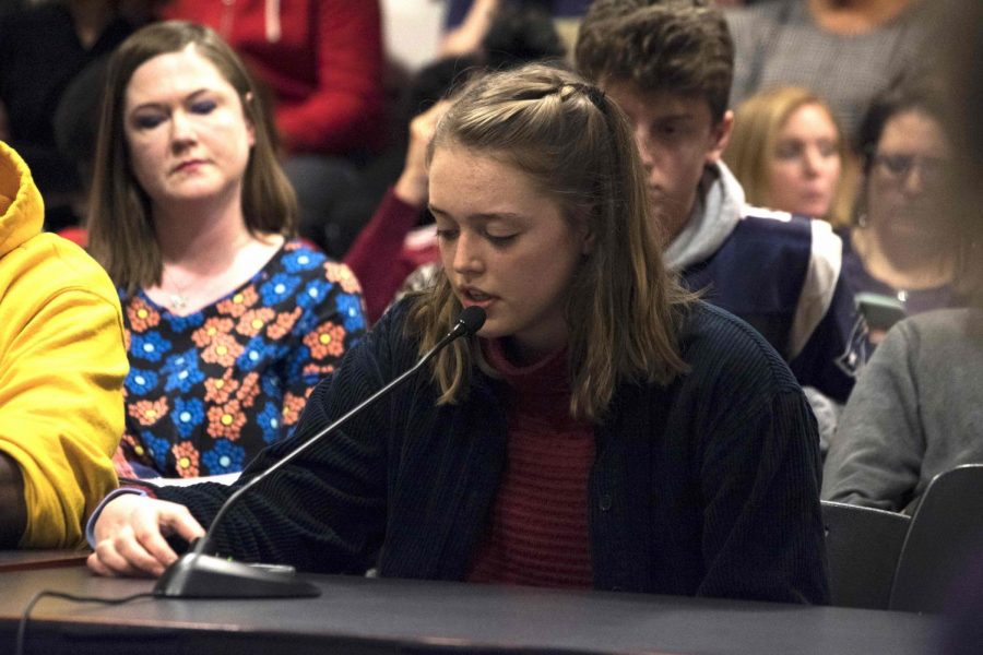 Pictured: Student Body President Grace Austin, speaking at the meeting.