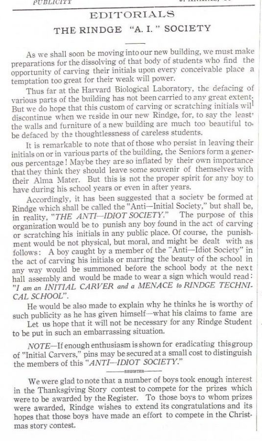 Pictured: The 1934 article in the Rindge Register about the Anti-Idiot Society.