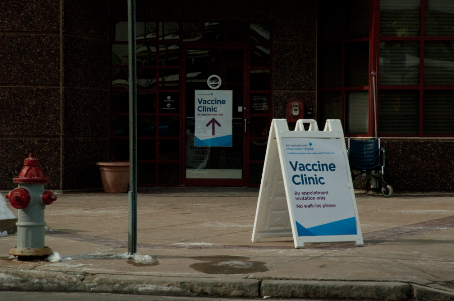 Signs+for+a+vaccination+clinic+outside+of+Mount+Auburn+Hospital+in+Cambridge%2C+Massachusetts.
